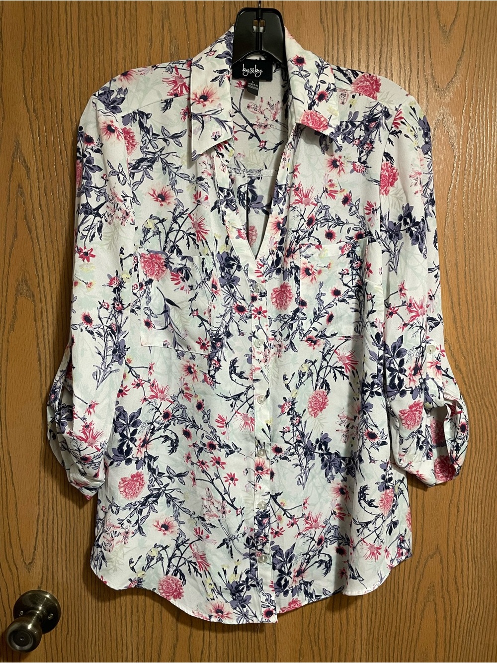 White Button-Down Blouse with Pink and Navy Floral Print